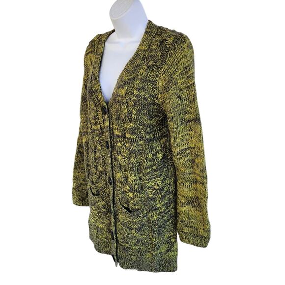 Carole Little Cable Cardigan Sweater sz L Chartreuse Green & Gray Tweed Buttonup - Picture 1 of 9